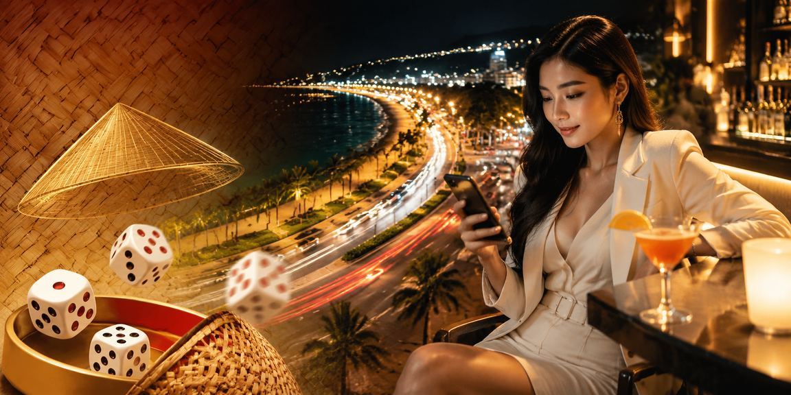 Người chơi tại Phan Thiết tham gia tài xỉu và nhận tiền thưởng trực tuyến bên cạnh nón lá